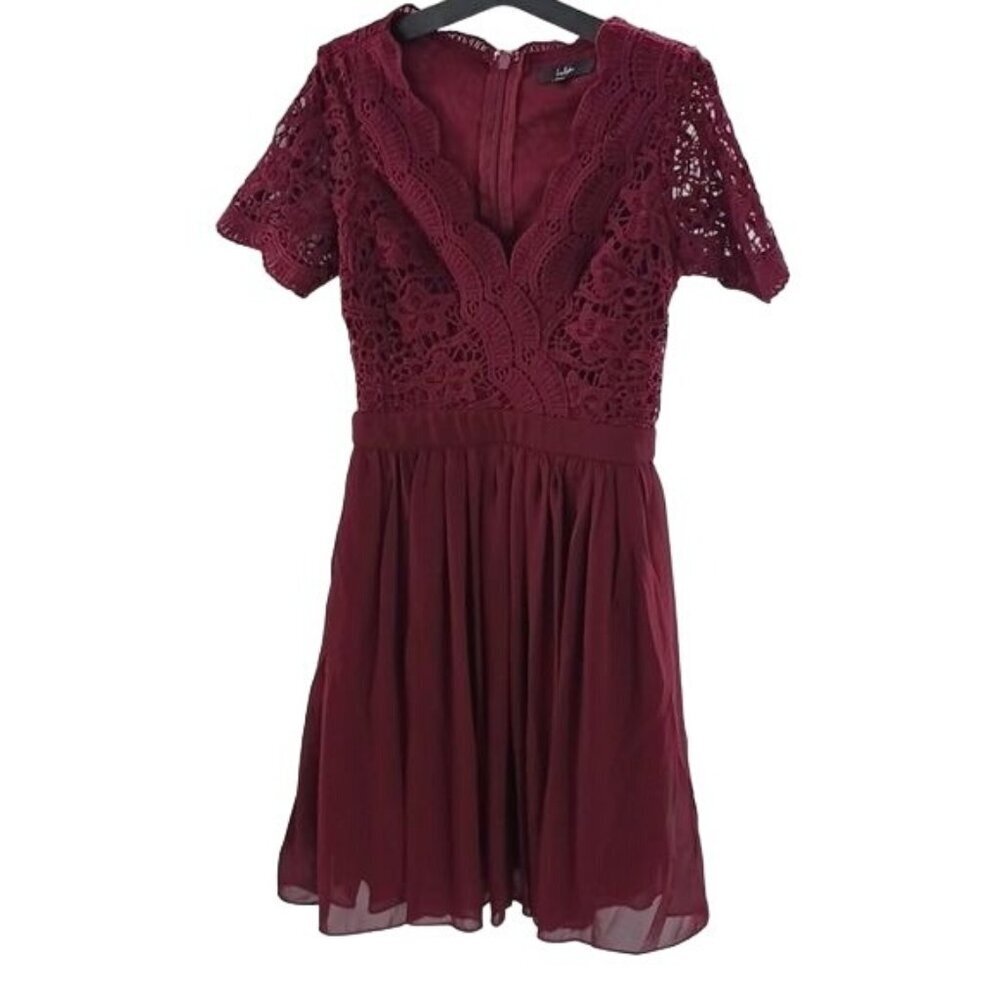 Lulus Dress Burgundy Wine Mini Crochet Short Sleeve V Neck Womens Size XS